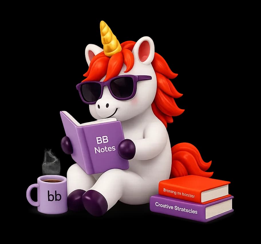 BB the unicorn reading BB Notes with a coffee